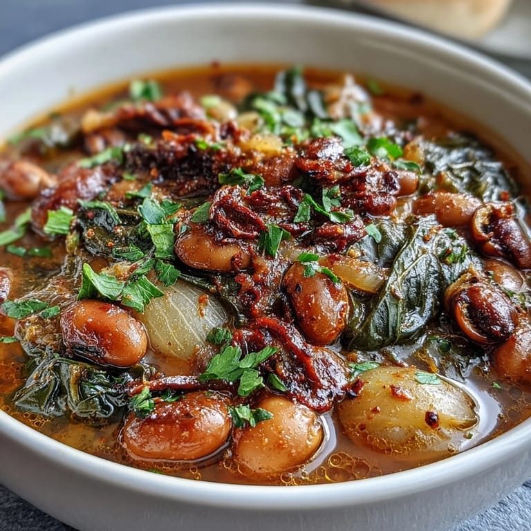 Close-up of steaming black-eyed pea and collard green stew, showcasing vibrant greens and hearty vegetables in a rustic pot.