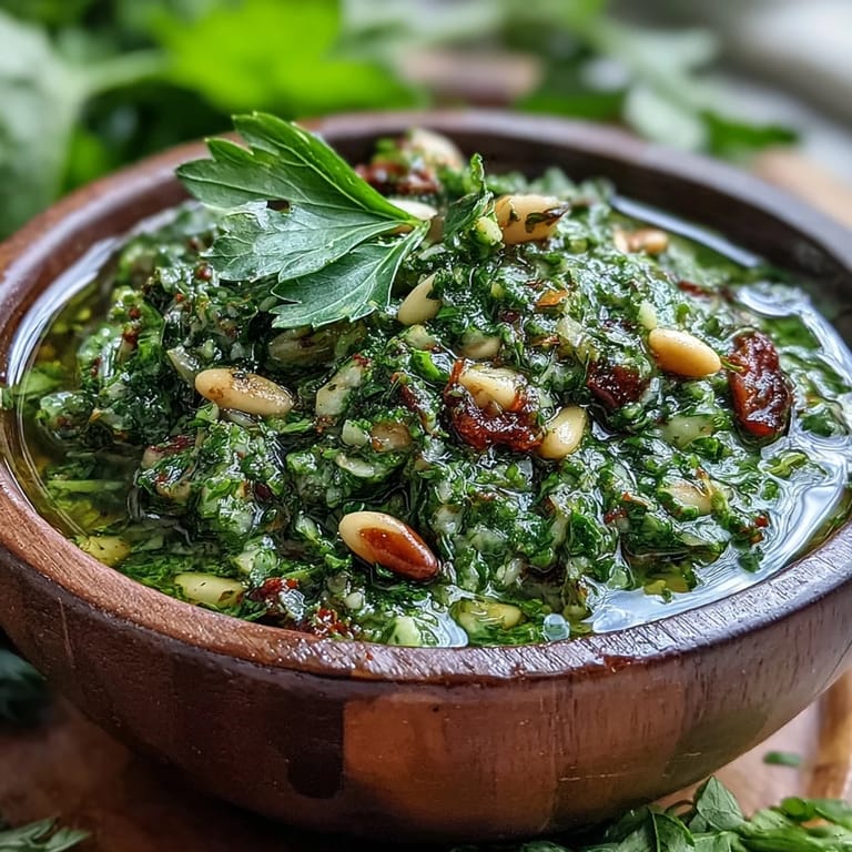 Creamy dandelion pesto with toasted pine nuts and Parmesan, offering a slightly bitter yet vibrant flavor, ideal for sandwiches or dips.