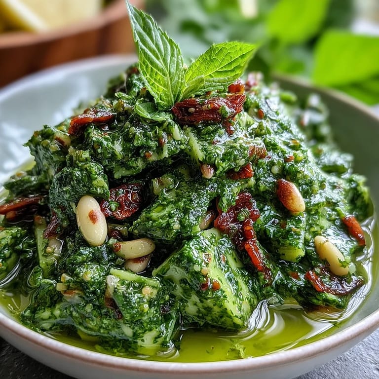 Homemade dandelion pesto with garlic and pine nuts, a nutrient-rich, gluten-free spread that adds a bold, earthy taste to any dish.