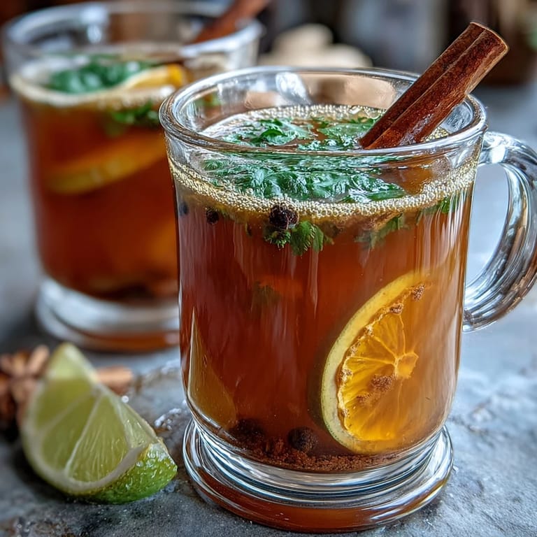 Steaming cup of herbal dandelion root tea with fresh ginger and turmeric, served with a drizzle of honey
