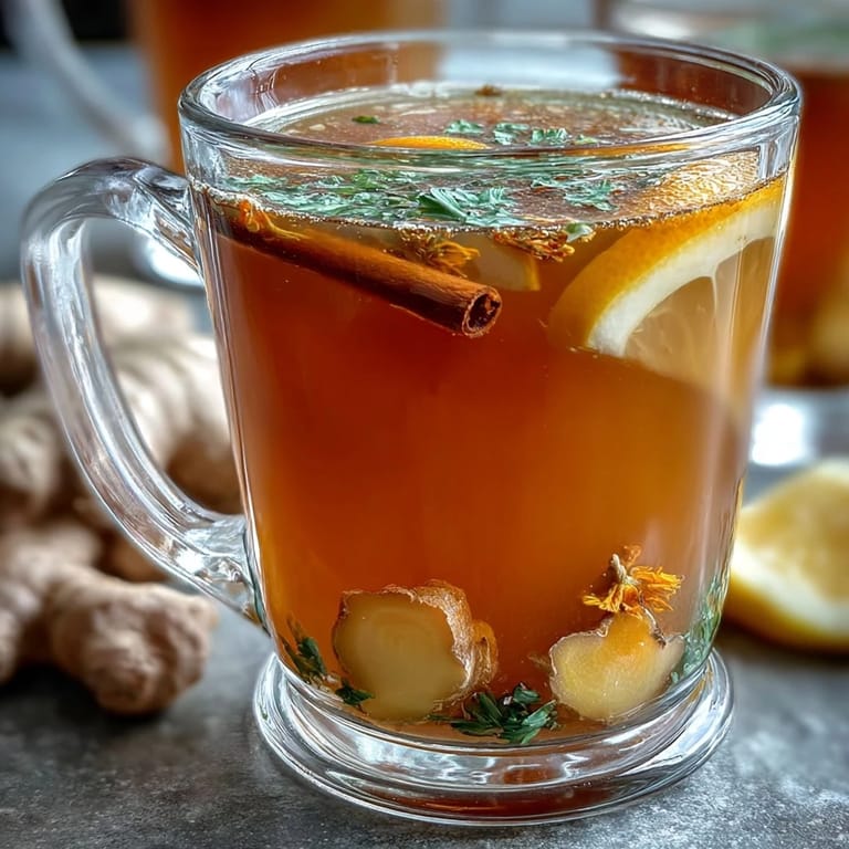 Close-up of homemade dandelion root tea with ginger and turmeric, rich amber color in a clear glass mug