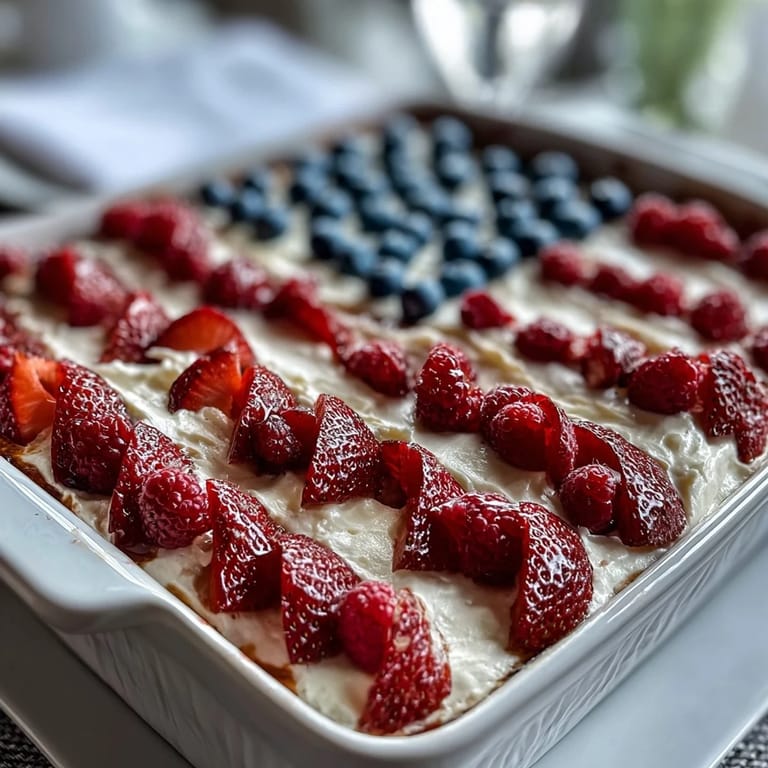 Creamy no-bake cheesecake flag cake decorated with vibrant red berries and blueberries for a classic American flag design.