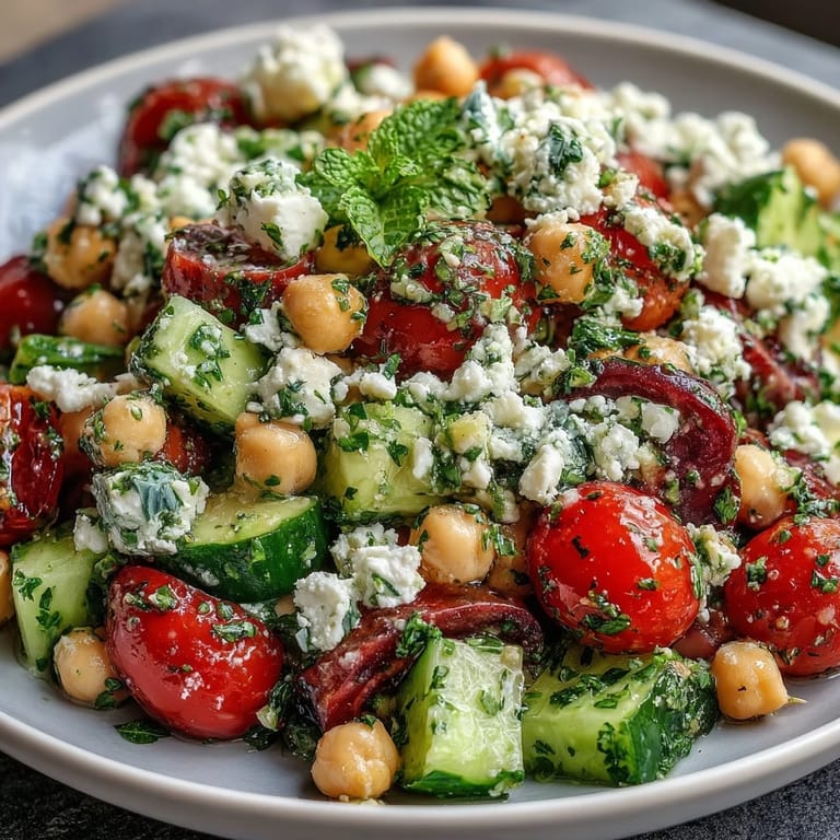 Bright and zesty cold chickpea salad bursting with lemon, mint, and parsley, offering a refreshing Mediterranean flavor.