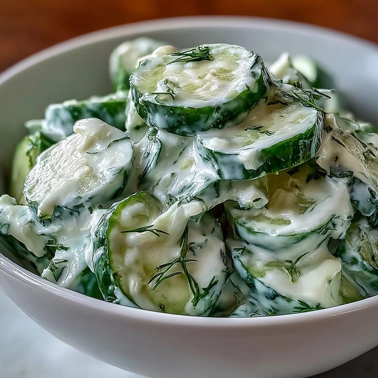 Fresh and light creamy cucumber dill salad featuring cool cucumbers and zesty dill, perfect for summer meals.  