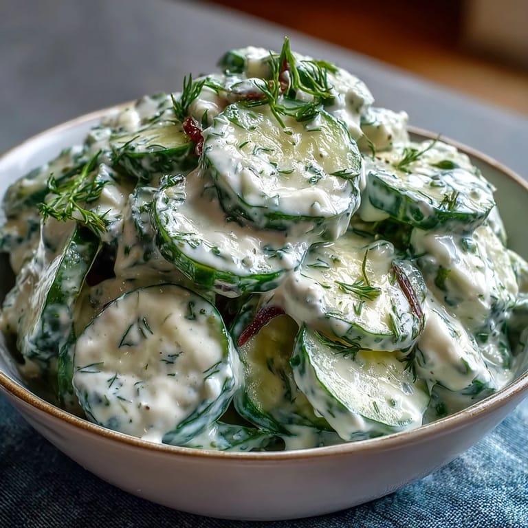 Refreshing creamy cucumber dill salad with crunchy vegetables, ideal as a cool side dish for picnics or barbecues.