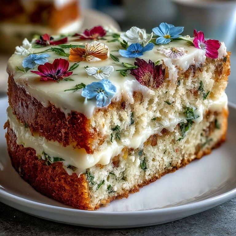 Light and airy lemon curd sponge cake adorned with delicate pressed edible flowers, ideal for spring gatherings.  