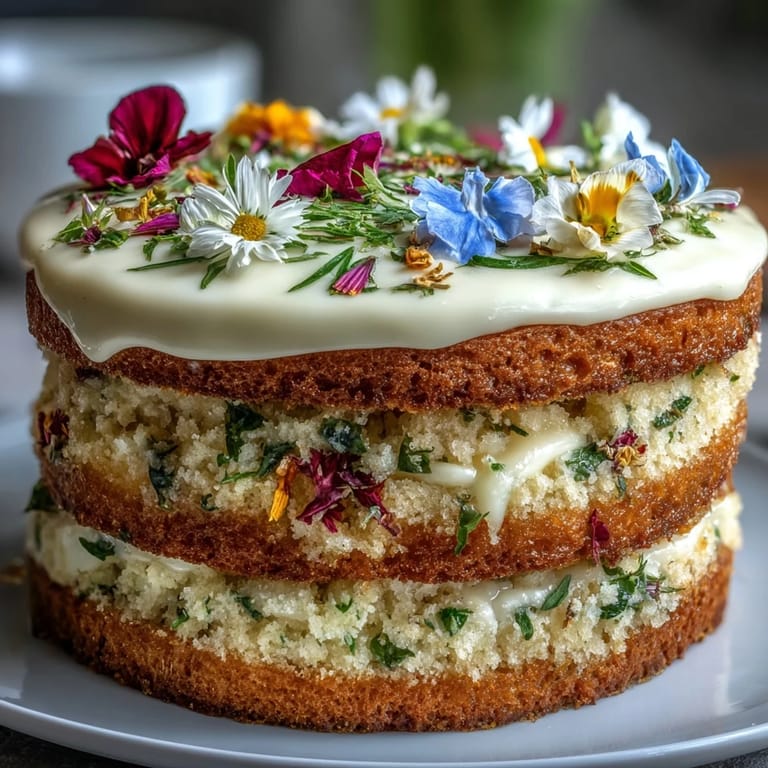 Beautiful spring cake featuring tangy lemon curd filling and edible flower decorations, a feast for the senses.