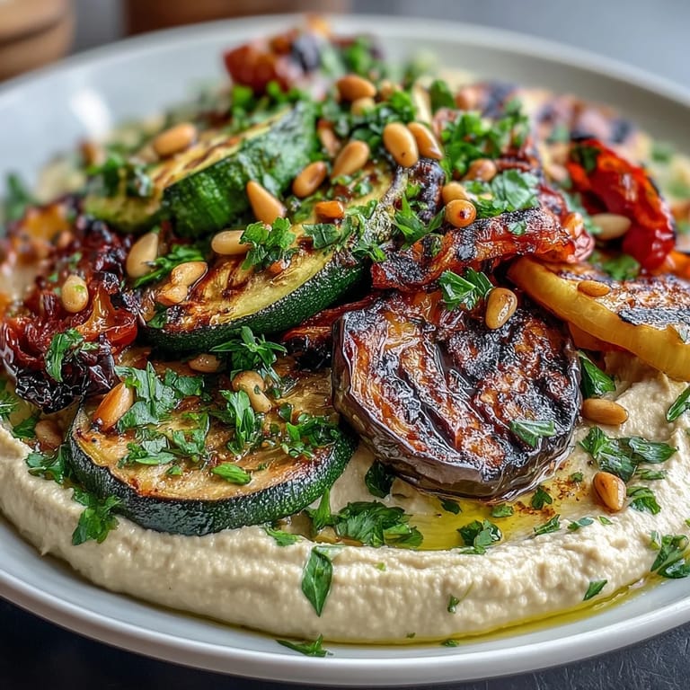 Healthy grilled veggie platter served with rich, homemade hummus, showcasing colorful vegetables and a drizzle of olive oil for a light, gluten-free meal.