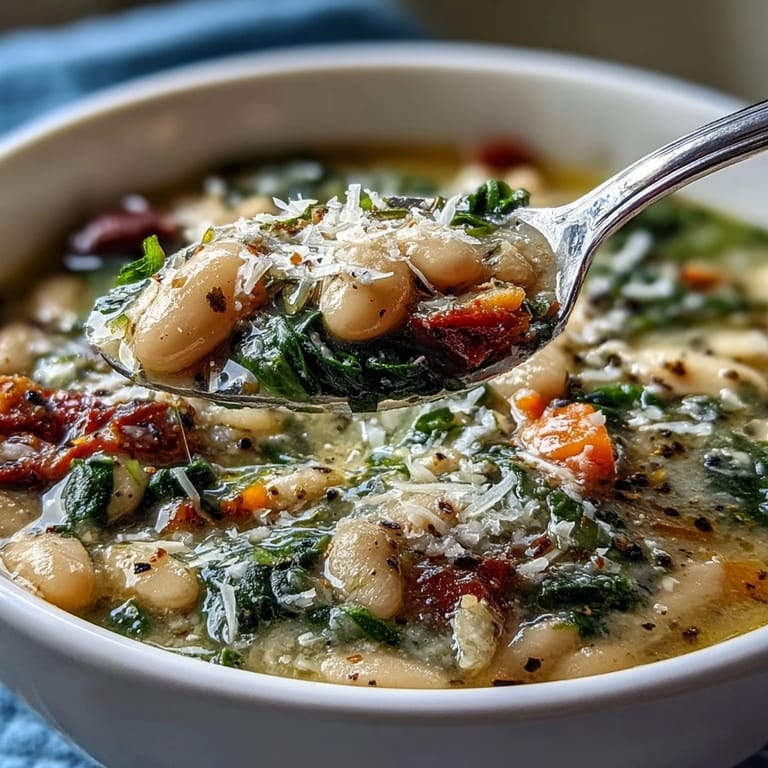 Hearty slow-cooked Tuscan White Bean and Spinach Soup with cannellini beans, carrots, and celery, finished with wilted spinach and Italian herbs.