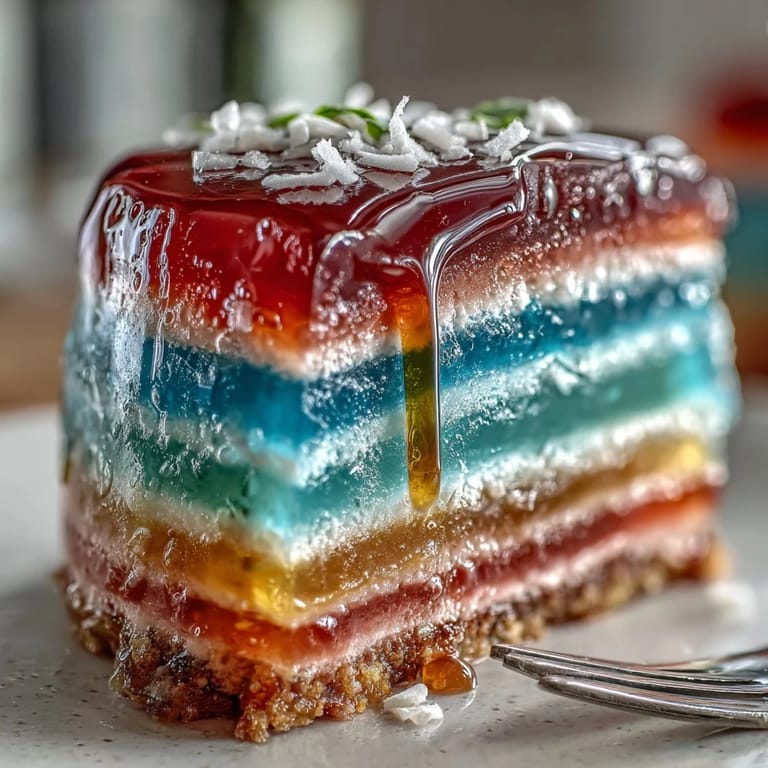 Show-stopping rainbow jelly cake adorned with luscious coconut cream, a delight.