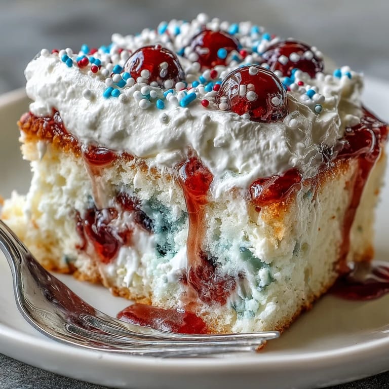 This Memorial Day Red White Blue Poke Cake brims with patriotic red, white, and blue colors.
