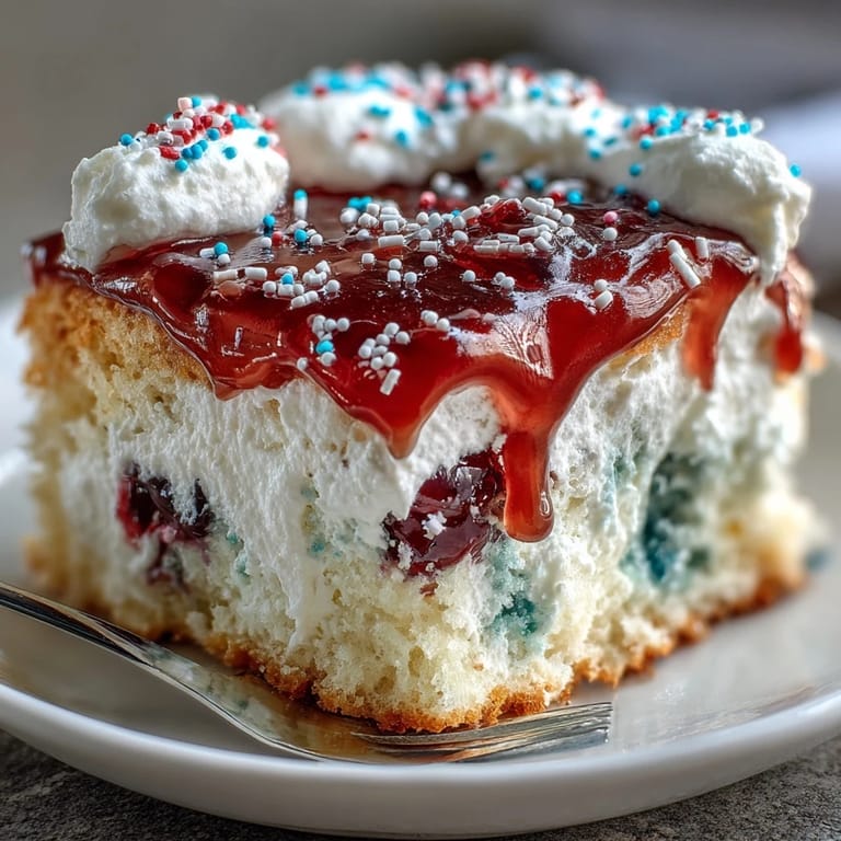 Enjoy a slice of Memorial Day Red White Blue Poke Cake, topped with sprinkles and berries.