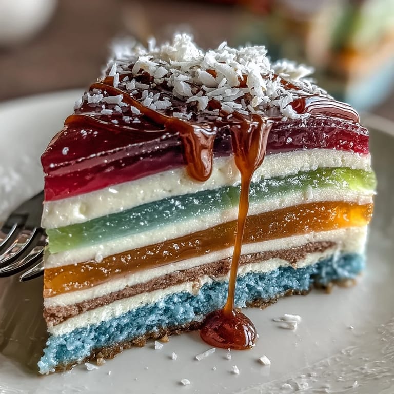 Silky layered rainbow jelly cake with rich coconut cream topping, refreshing.