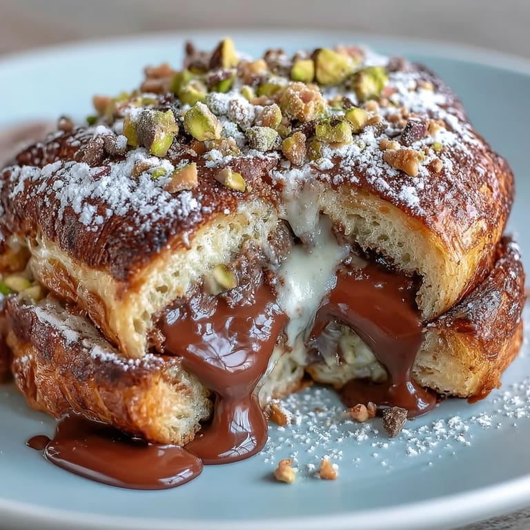 Savory Dubai Chocolate Pistachio Croissant French Toast with sweet, fluffy custard texture.