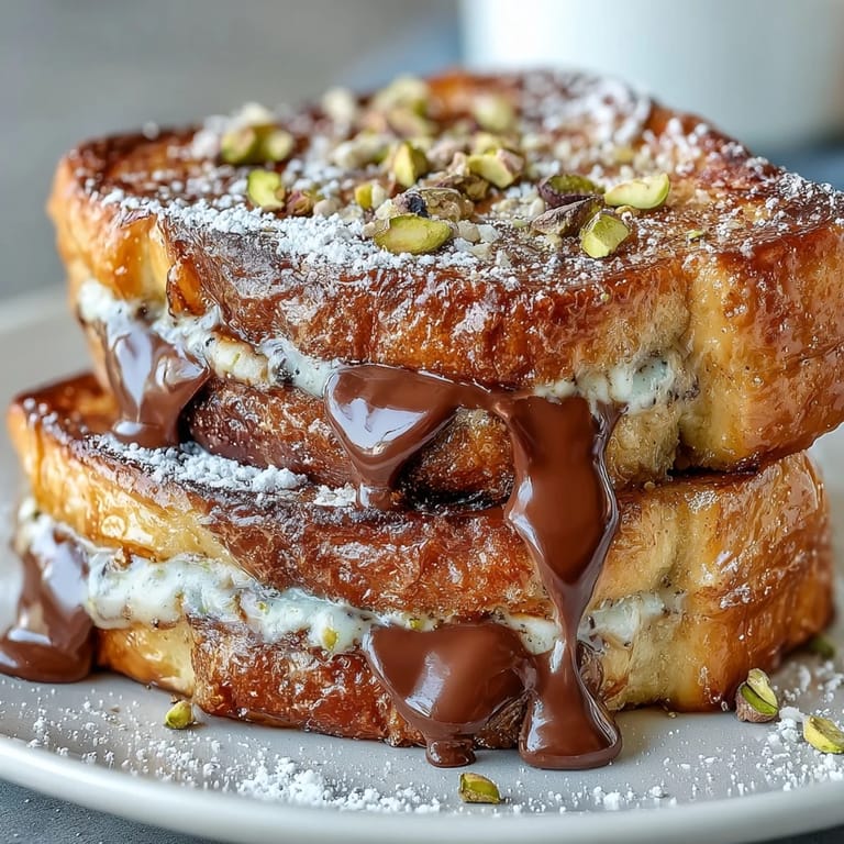 Luxurious Dubai Chocolate Pistachio Croissant French Toast, a decadent breakfast delight.