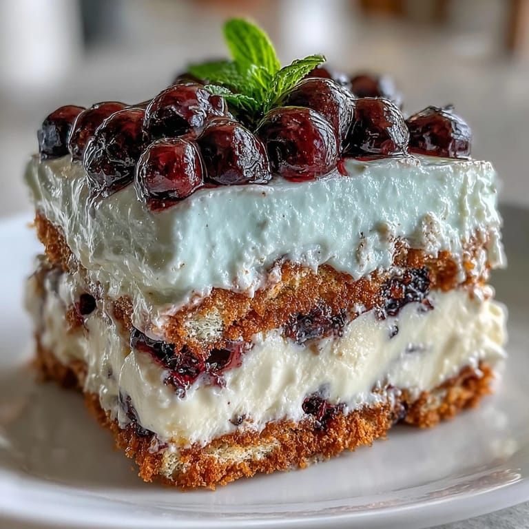 Refreshing Lemon Blueberry Icebox Cake slice with juicy berries and sweet lemon filling.