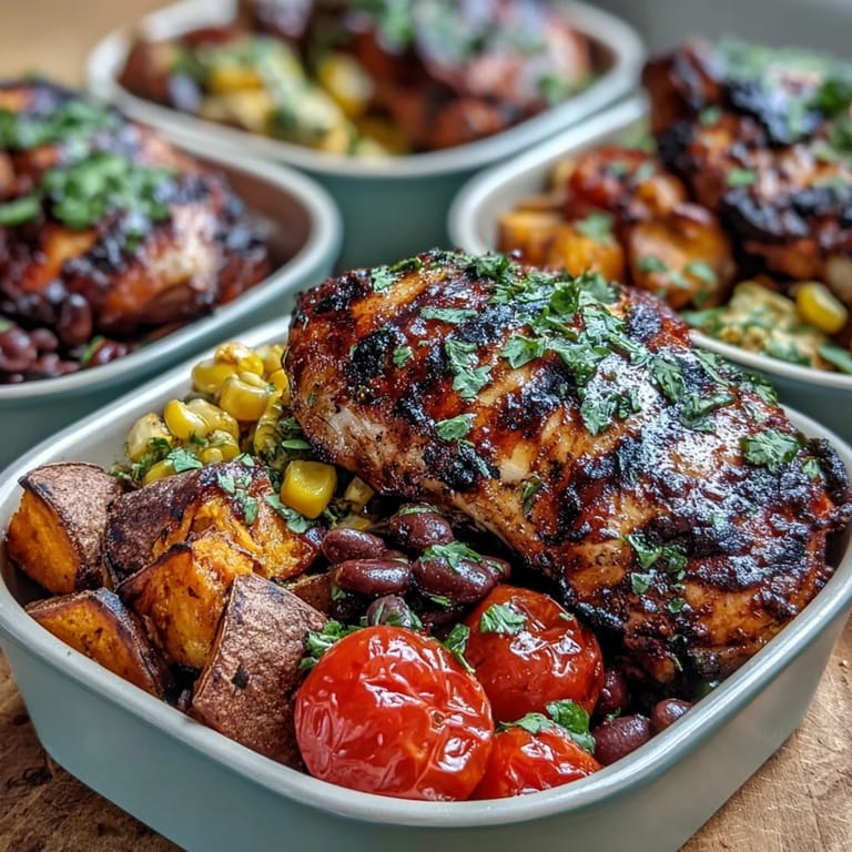 Hearty BBQ Chicken Meal Prep Bowls with colorful roasted sweet potatoes.