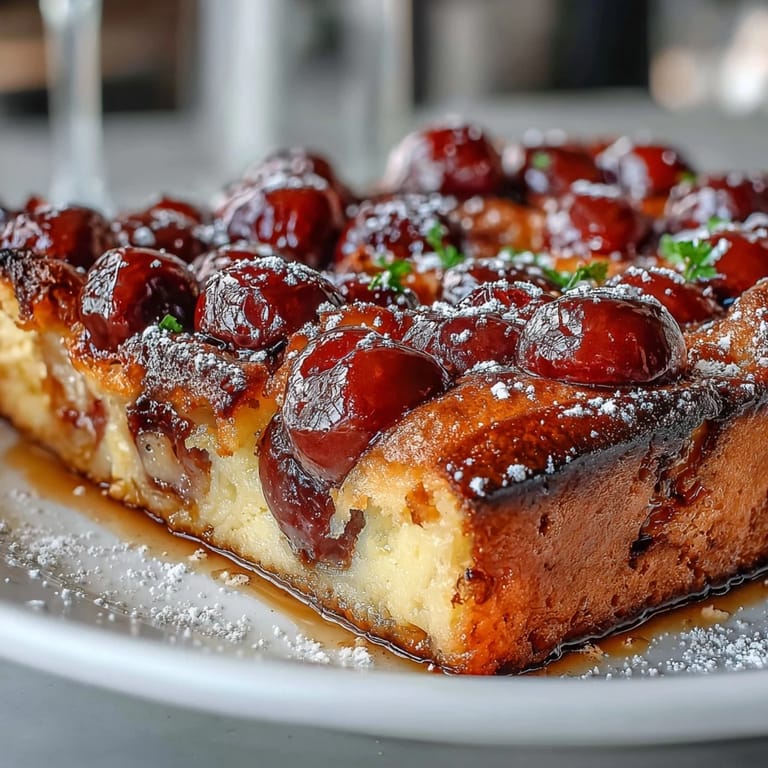 Deliciously sweet fresh cherry clafoutis ready to be dusted with powdered sugar topping.