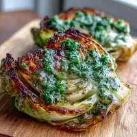 Golden roasted cabbage steaks with jalapeño chimichurri garnished with fresh herbs.
