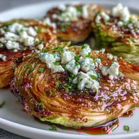 Golden roasted Crispy Cabbage Steaks With Feta and Balsamic on a rustic plate, garnished with fresh parsley and lemon zest.