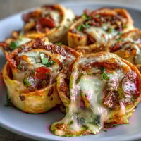 Golden-baked Tortilla Pizza Rolls are sliced open, revealing melted mozzarella and zesty pepperoni on a serving plate.