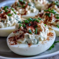 Million Dollar Deviled Eggs arranged on a chilled platter, garnished with paprika and fresh chives for a classic American appetizer.