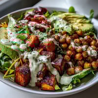 A vibrant Breakfast Buddha Bowl with roasted sweet potatoes and crispy chickpeas, topped with creamy avocado and drizzled with tahini dressing.