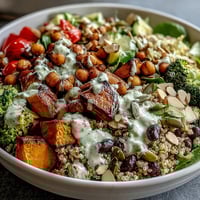 Roasted sweet potatoes and broccoli on fluffy quinoa, Meal Prep Week-Long Power Bowl with a creamy tahini dressing.