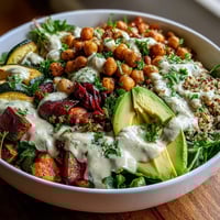 Golden roasted chickpeas and caramelized vegetables on quinoa in a Roasted Chickpea Power Bowl with creamy tahini drizzle.