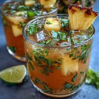 A refreshing glass of pineapple basil agua fresca with fresh basil garnish and lime slices.