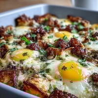 Amish Breakfast Casserole with golden hash browns, savory sausage, and melted cheese, baked to perfection for a hearty morning meal.
