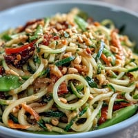 Healthy Easy Zucchini Noodle Stir-Fry with Peanut Sauce, a vibrant, fresh dish with spiralized zucchini noodles tossed in a creamy, tangy peanut sauce. Quick, nutritious, and perfect for a light lunch or dinner.