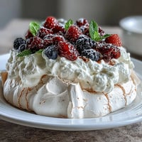 Elegant Mothers Day Pavlova with Mixed Berries, crisp meringue topped with fluffy whipped cream and vibrant fresh berries.