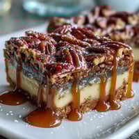 Kentucky Derby Pecan Pie Bars with bourbon glaze, golden crust topped with toasted pecans and drizzled with sweet bourbon icing.