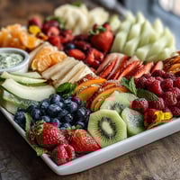 Vibrant graduation party fruit table with edible flowers, showcasing a colorful array of fresh fruit and edible flowers in an eye-catching display.