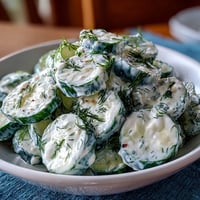 Creamy cucumber dill salad with crisp cucumber slices and red onion in a tangy sour cream dressing.  