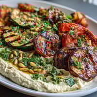 Colorful grilled vegetable platter with creamy hummus, featuring zucchini, bell peppers, and eggplant, perfect for summer barbecues or healthy lunches.  