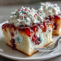 Memorial Day Red White Blue Poke Cake: festive dessert with colorful swirls and whipped topping.