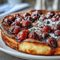 Plump fresh cherries baked in a warm vanilla bean custard clafoutis, golden brown.